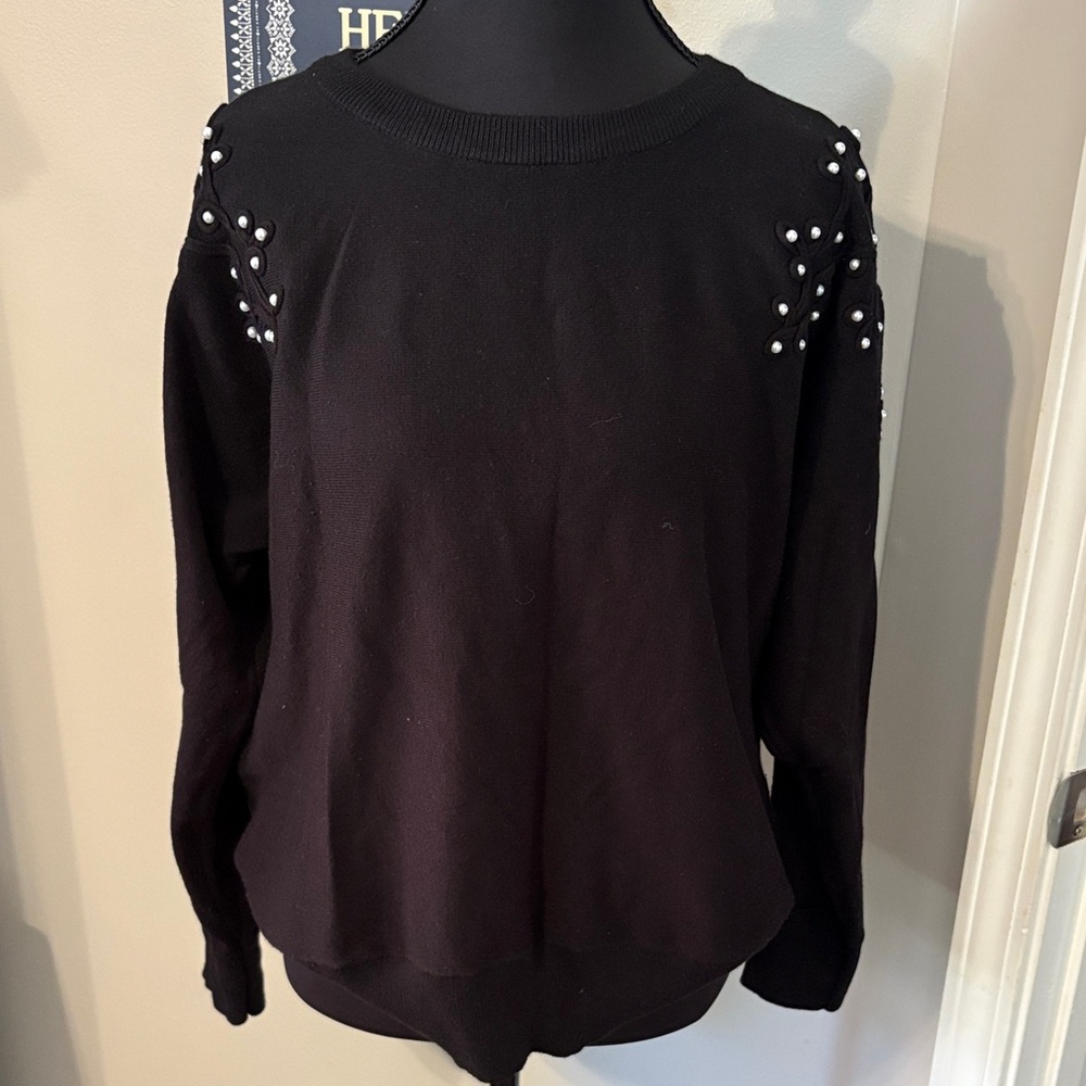 Madison Black Crew Neck Sweater with Pearl Accents